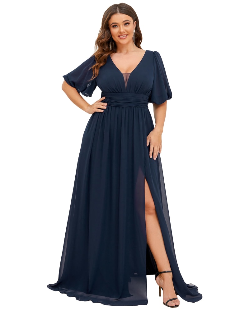 Front of a model wearing a size 14 Chiffon Illusion V-Neck Flutter Sleeve Front Slit Evening Dress in Navy Blue by Ever-Pretty. | dia_product_style_image_id:285051